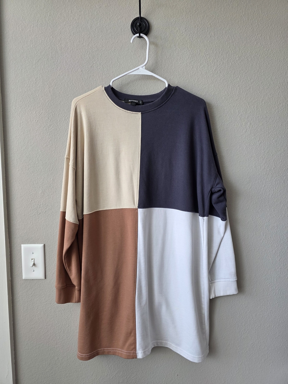 Missguided Colorblock Long-Sleeve Sweater Dress — Beige, Charcoal, Brown & White